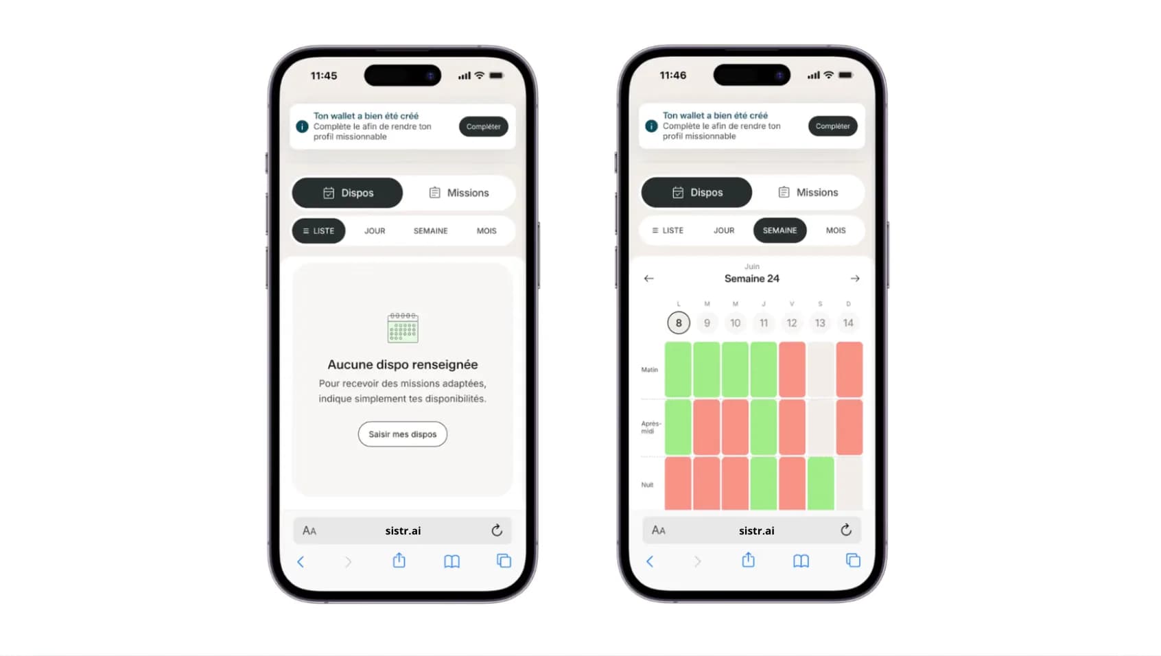 Calendrier de disponibilités de l'application Sistr