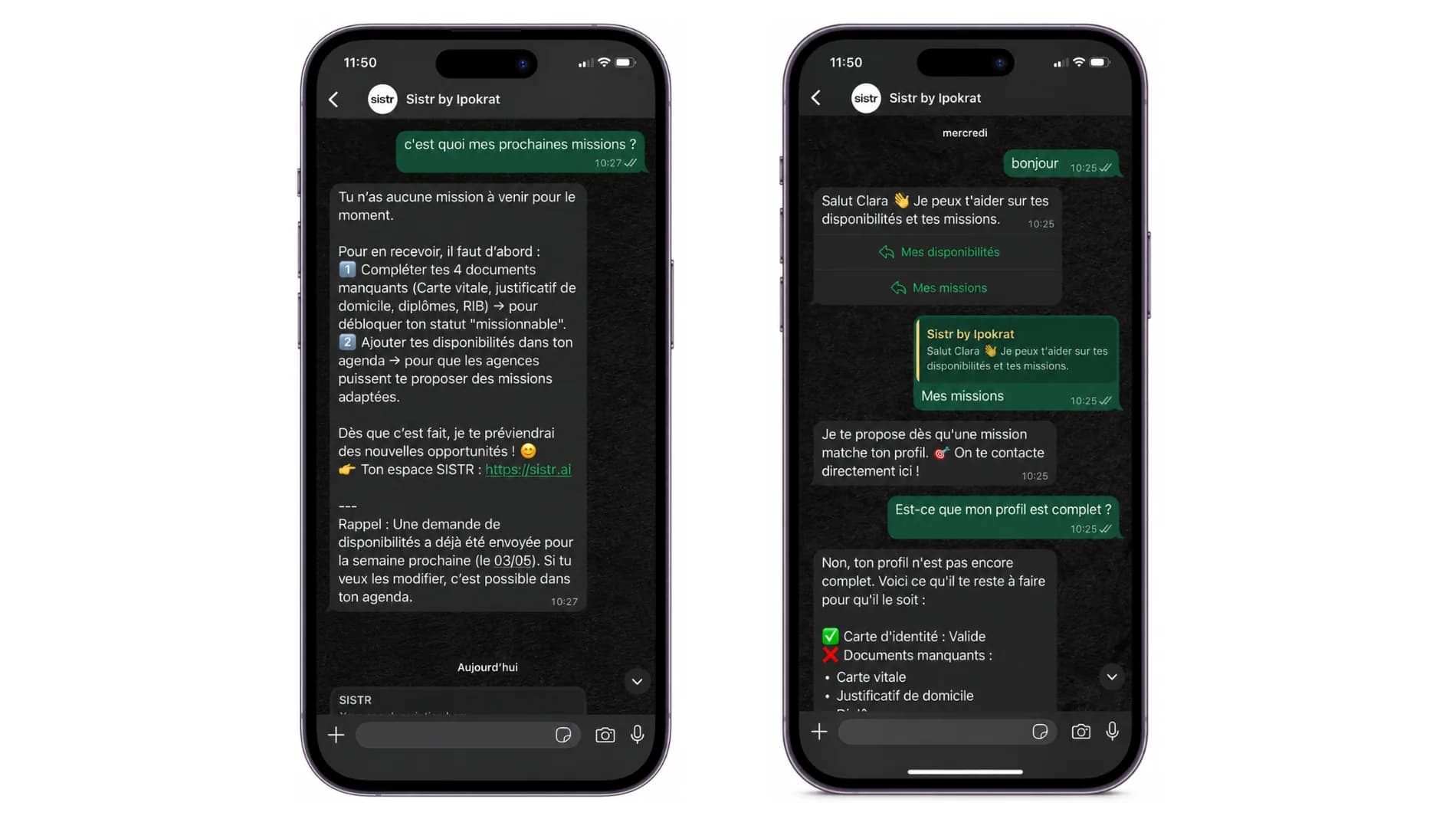 Messages entre l'application Sistr et un intérimaire